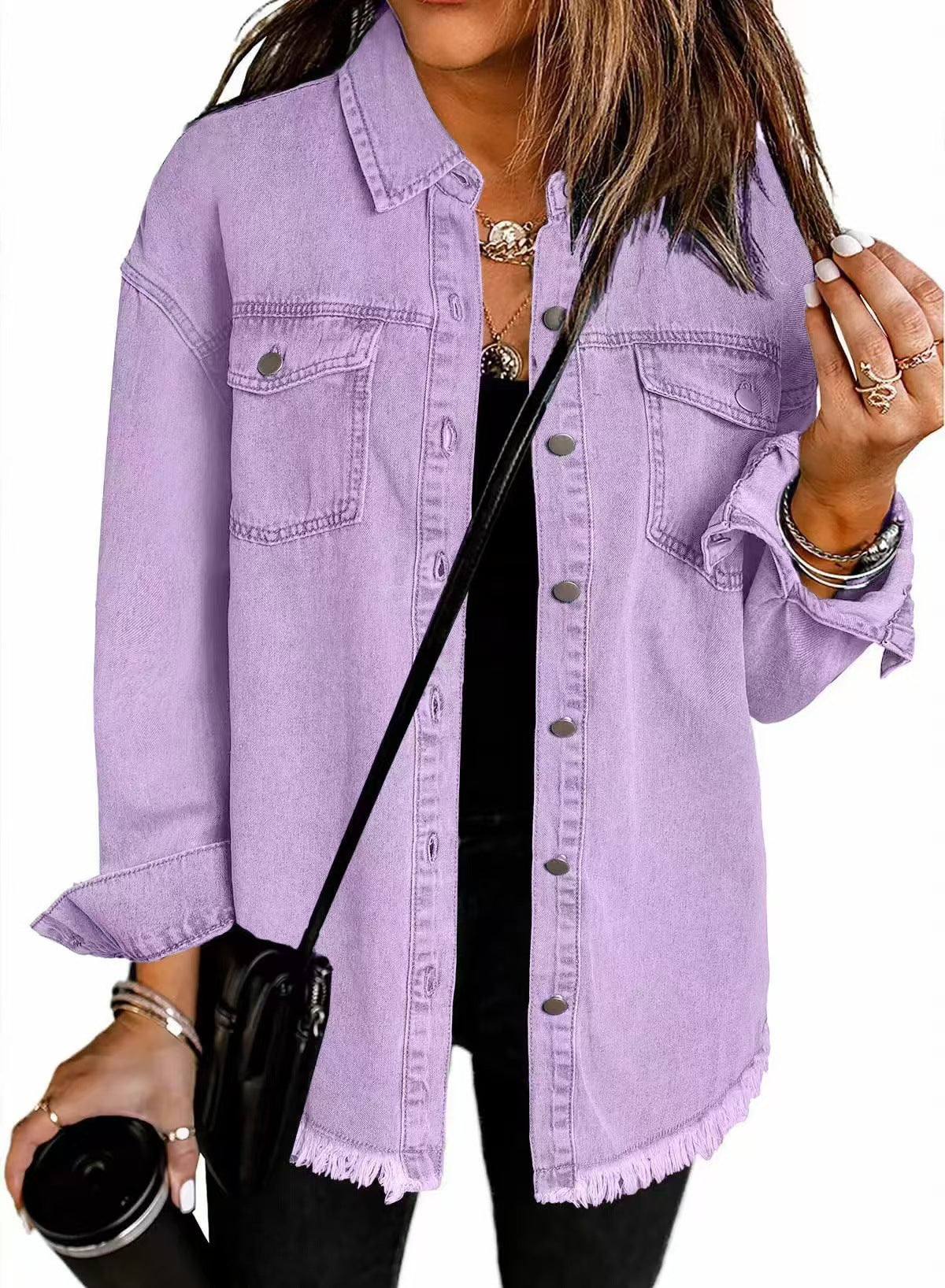 Cross-border New Washed Denim Shirt Jacket 2024 European and American Women's Autumn and Winter Distinctive Street Style Edge Hem Jacket - Grab & Glow