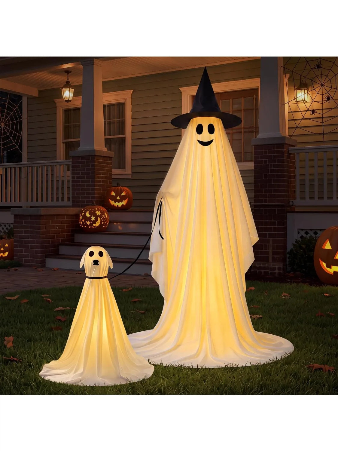 2Pcs Outdoor Halloween Decorations 55" Standing Ghost and 23" Dog Ghost Cute Set with Warm White LED Lights 8 Lightng Modes & Timer for Yard Lawn Party Favors and Halloween Decor Outside Indoor by Grab & Glow