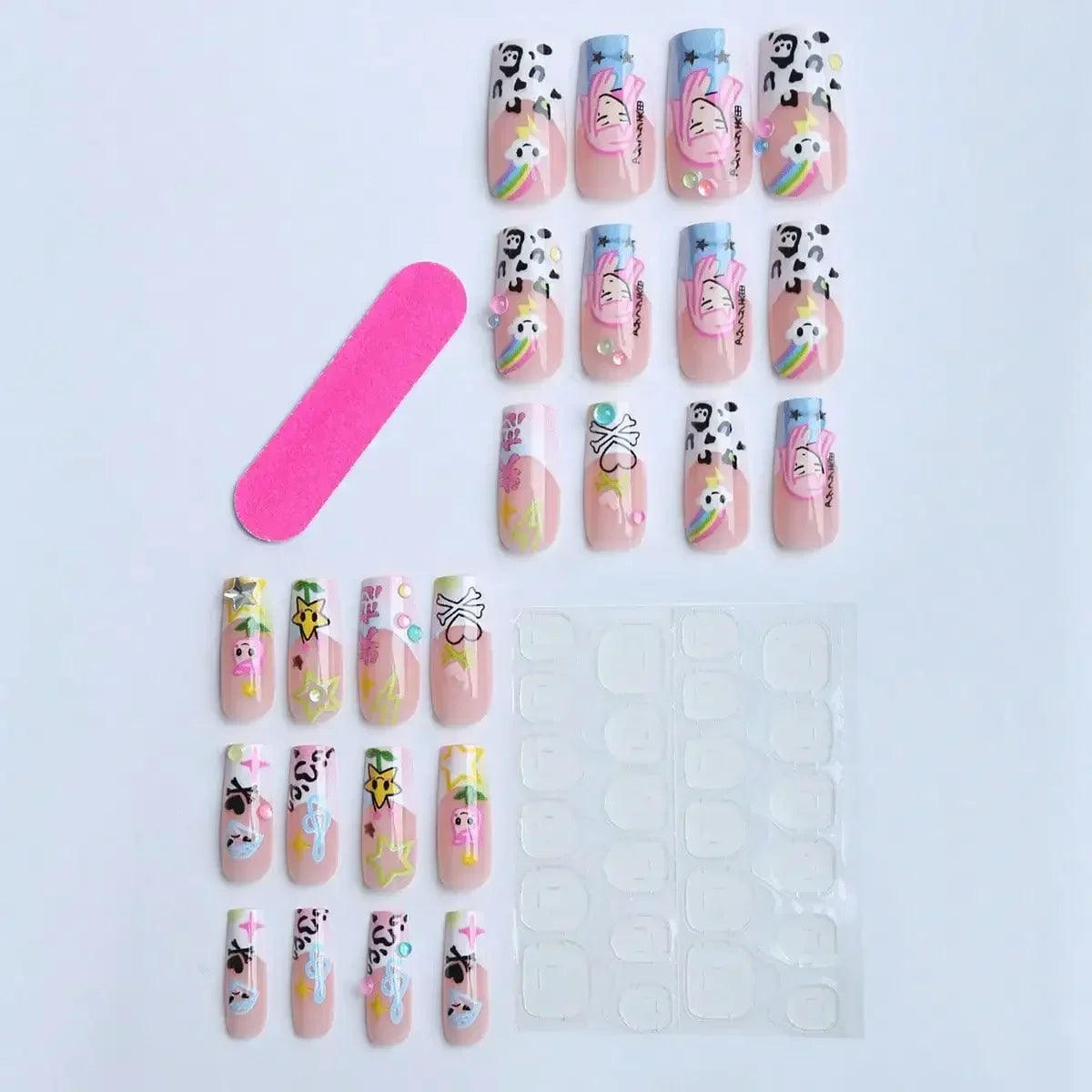 24Pcs Y2K Japanese Cartoon Girl Rainbow Long Press On Nails, Cute Reusable Wearable Nails For Daily by Grab & Glow