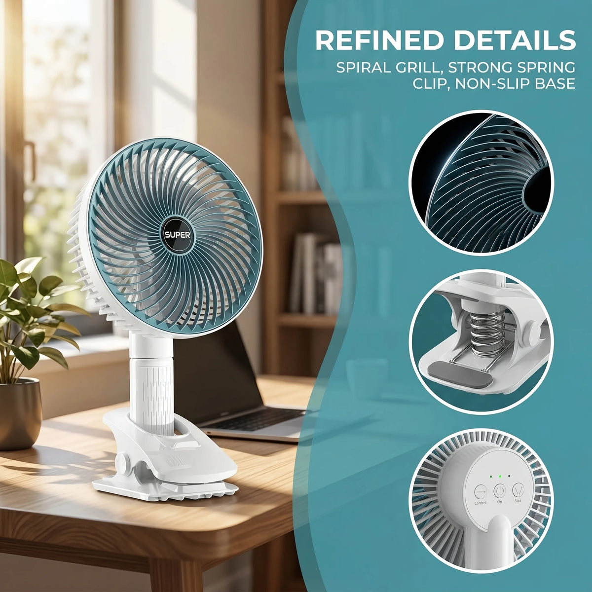 Oscillating Table Fan with Sturdy Clamp and 360-Degree Tilt Head, Rechargeable Small Fan for Desk, Powerful Airflow, Portable Air Circulator Mini Fans by Grab & Glow