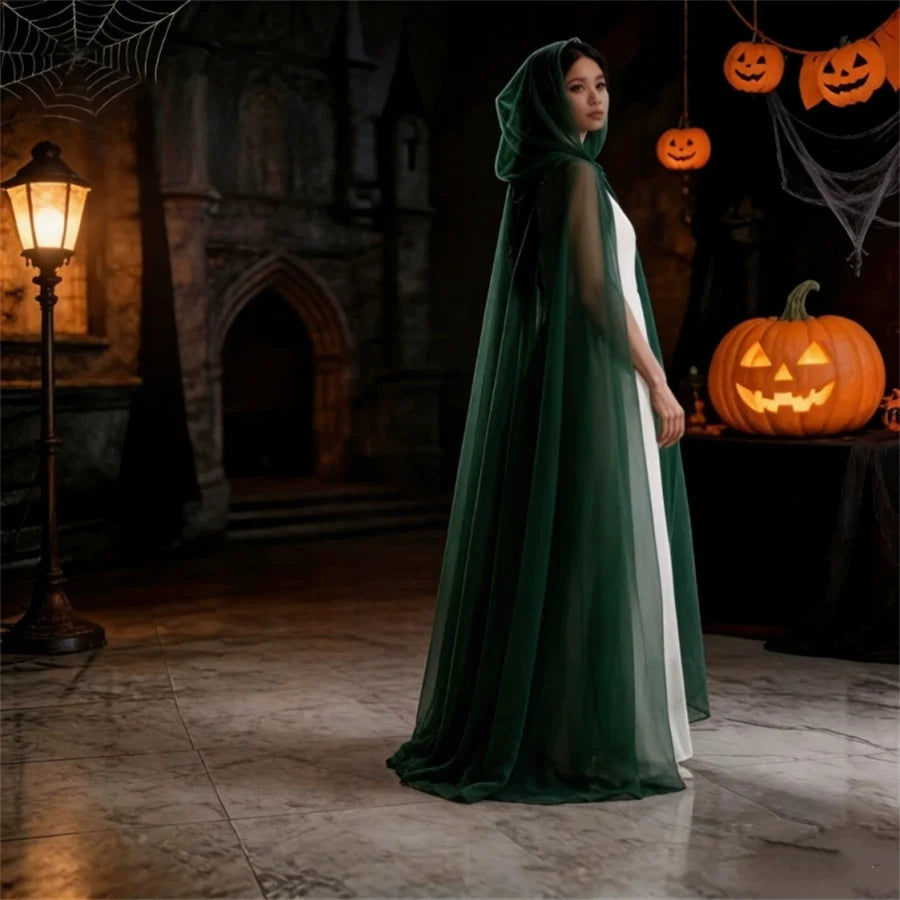 Halloween cosplay - ghost costume with hooded cloak, death god witch net-like long dress, full-length performance outfit - Grab & Glow