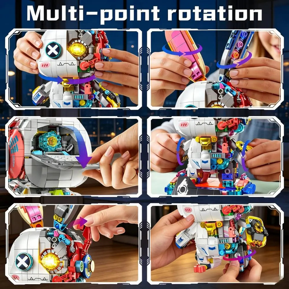 KAVOWORLD 1377PCS Robot Rabbit Building Blocks Set LED Light Up Multi-Point Rotatable Detachable Base DIY Cyberpunk Mecha Building Rabbit Bricks Kit Mechanical Bunny Construction Toy for Home Office Desk Decor Christmas Birth - Grab & Glow
