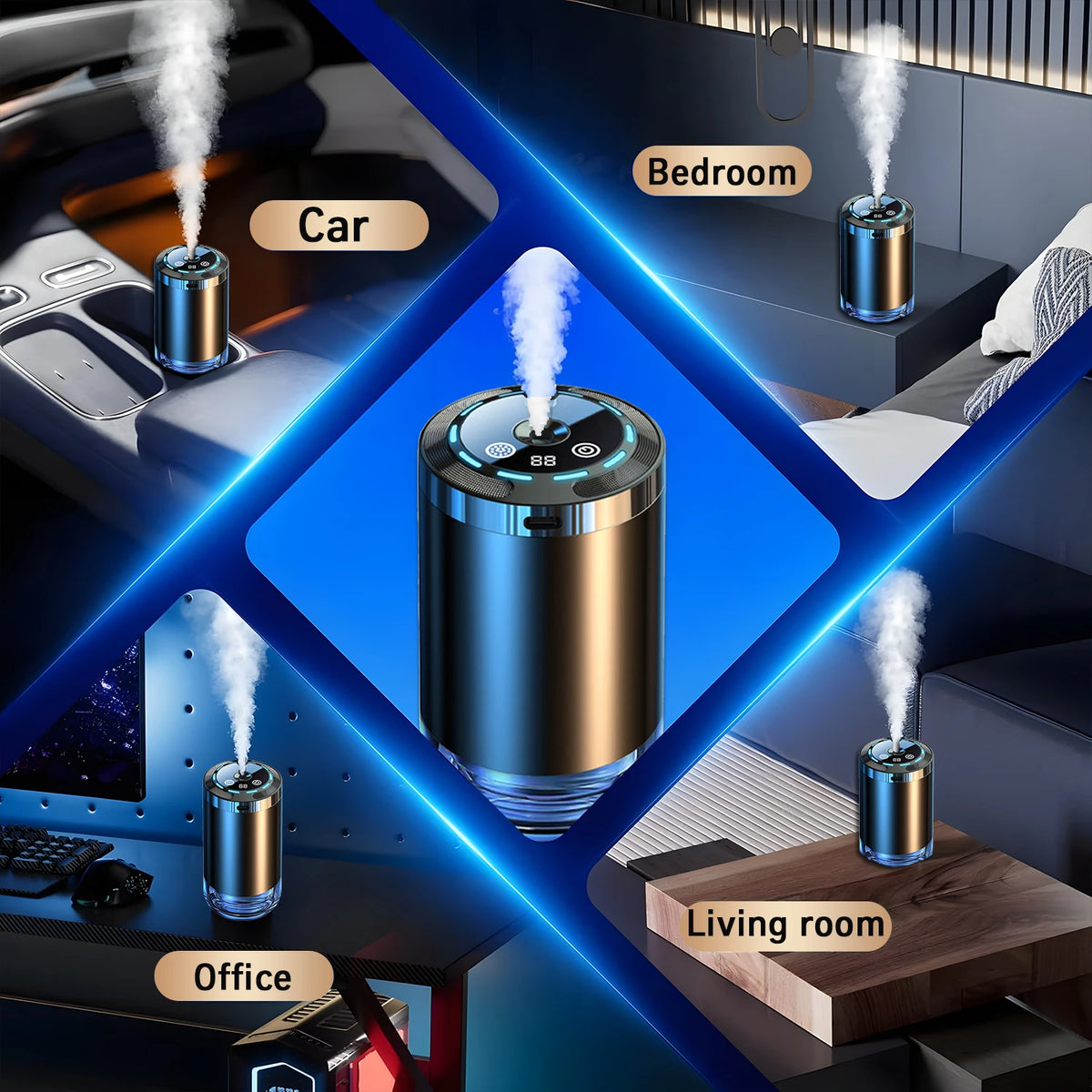 Car Diffuser Humidifier 5 Modes Car Humidifier Aromatherapy Diffusers Car Air Freshener USB Aromatherapy Essential Oil Air Freshener USB Cool Mist Mini Portable Diffuser For Car Home Office Bedroom with 3 Bottle Ocean Scent by Grab & Glow