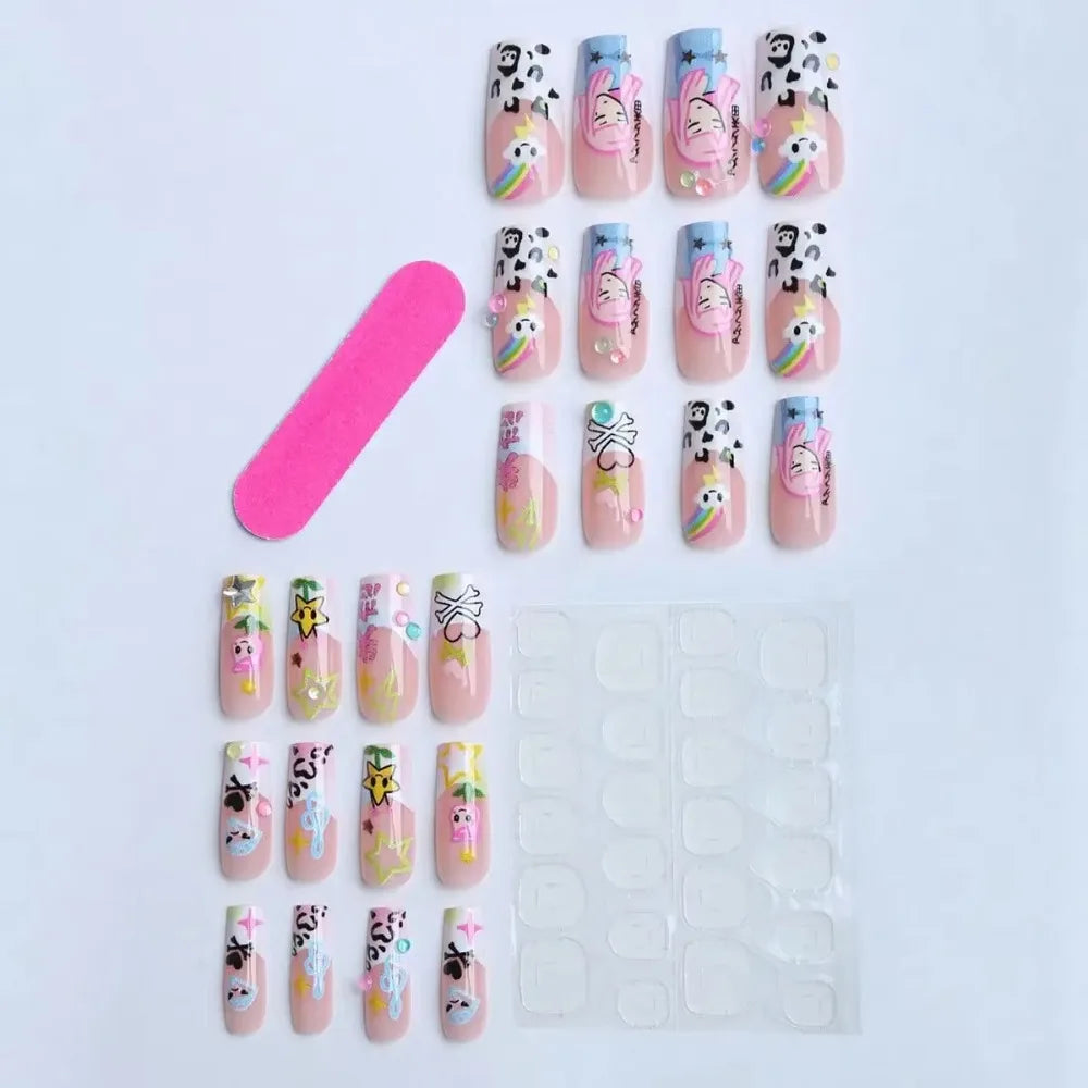 24Pcs Y2K Japanese Cartoon Girl Rainbow Long Press On Nails, Cute Reusable Wearable Nails For Daily by Grab & Glow