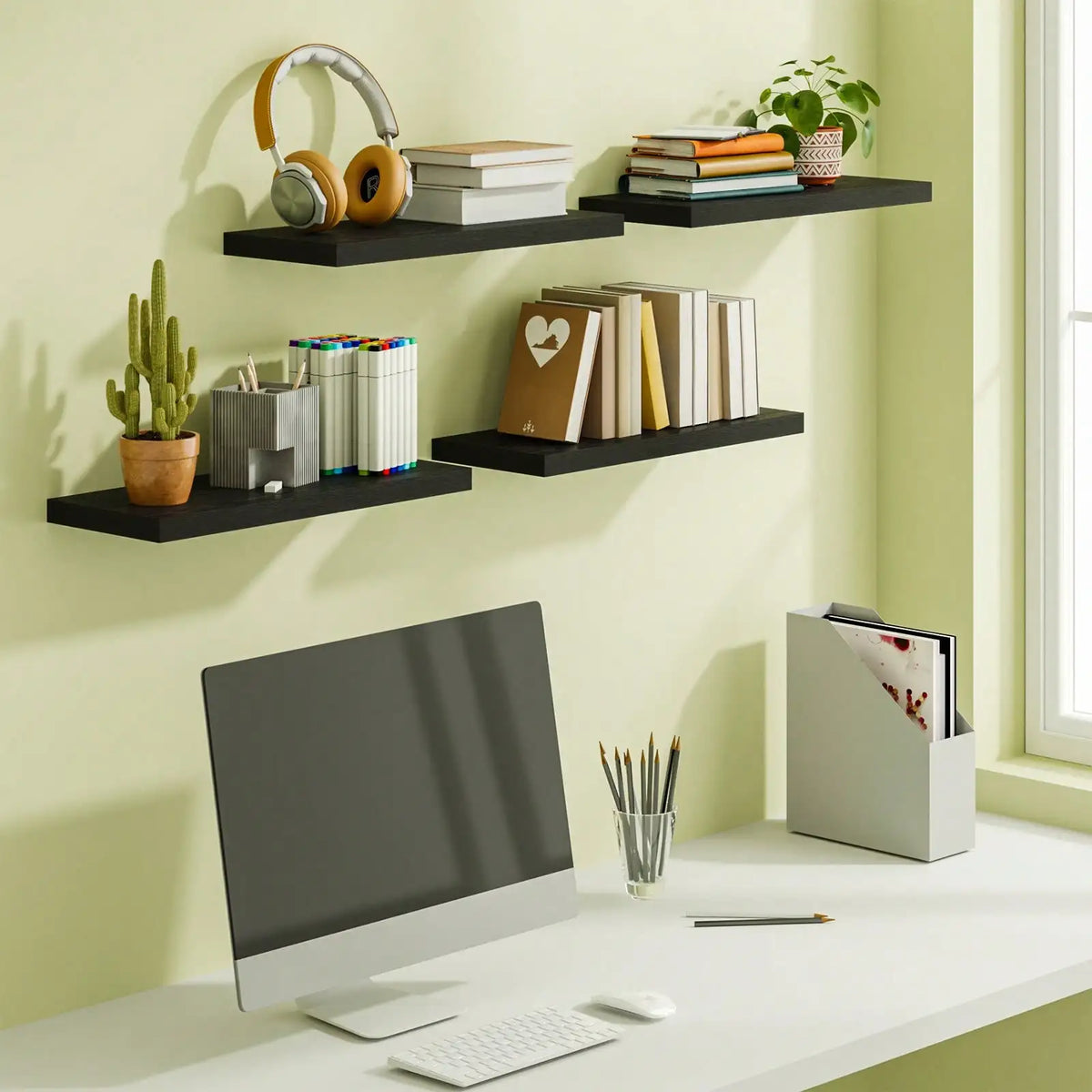 4 Pack Floating Shelves Modern Black Wood Wall Shelves Storage Shelving Unit With Invisible Metal Brackets Display Rack For Bathroom Living Room Bedroom Kitchen Housewarming Gift by Grab & Glow