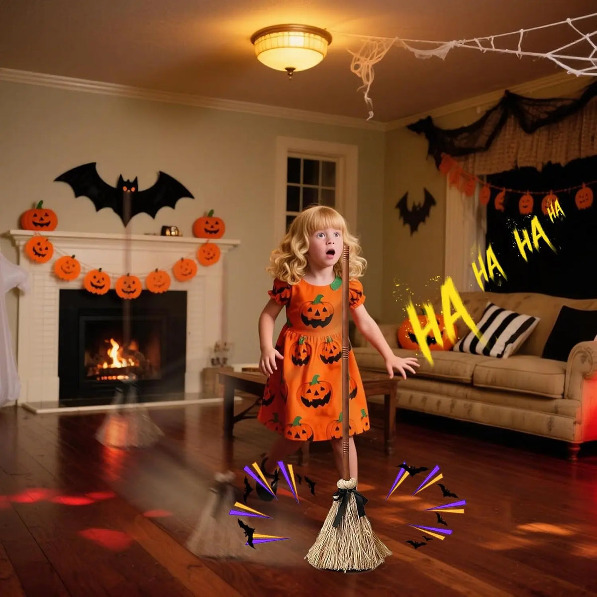 Halloween Floating Witch Broom with Witch Hat Haunted Dancing Moving Prop with Ghost Sounds Terror Atmosphere Home Party Decor - Grab & Glow