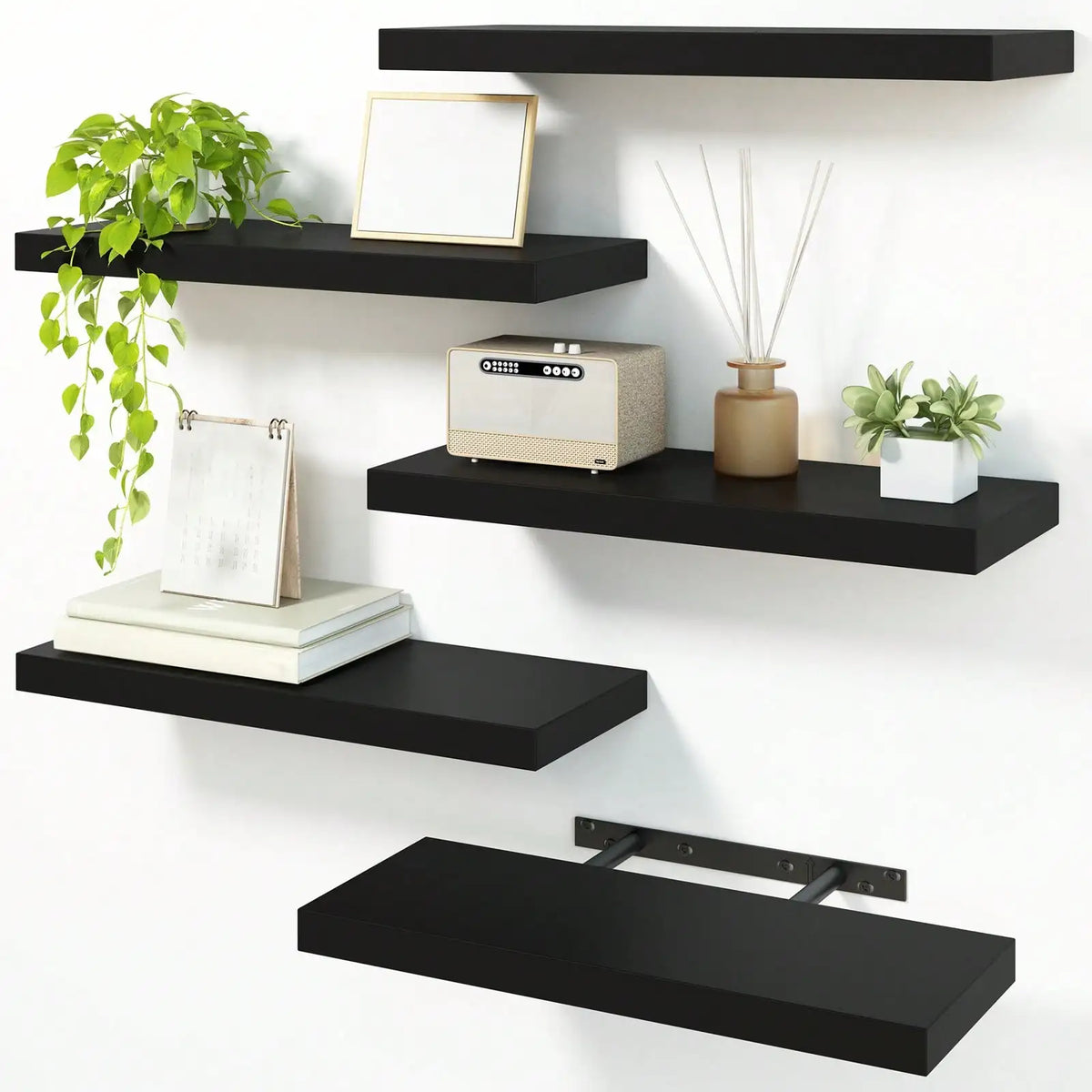 4 Pack Floating Shelves Modern Black Wood Wall Shelves Storage Shelving Unit With Invisible Metal Brackets Display Rack For Bathroom Living Room Bedroom Kitchen Housewarming Gift by Grab & Glow