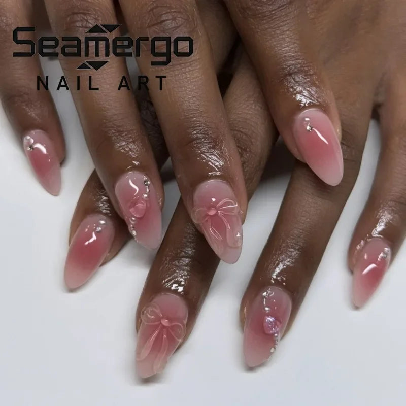 Charming Blush Press On Nails – 24PC Almond Shaped with Sweet Hearts and Bows - Grab & Glow