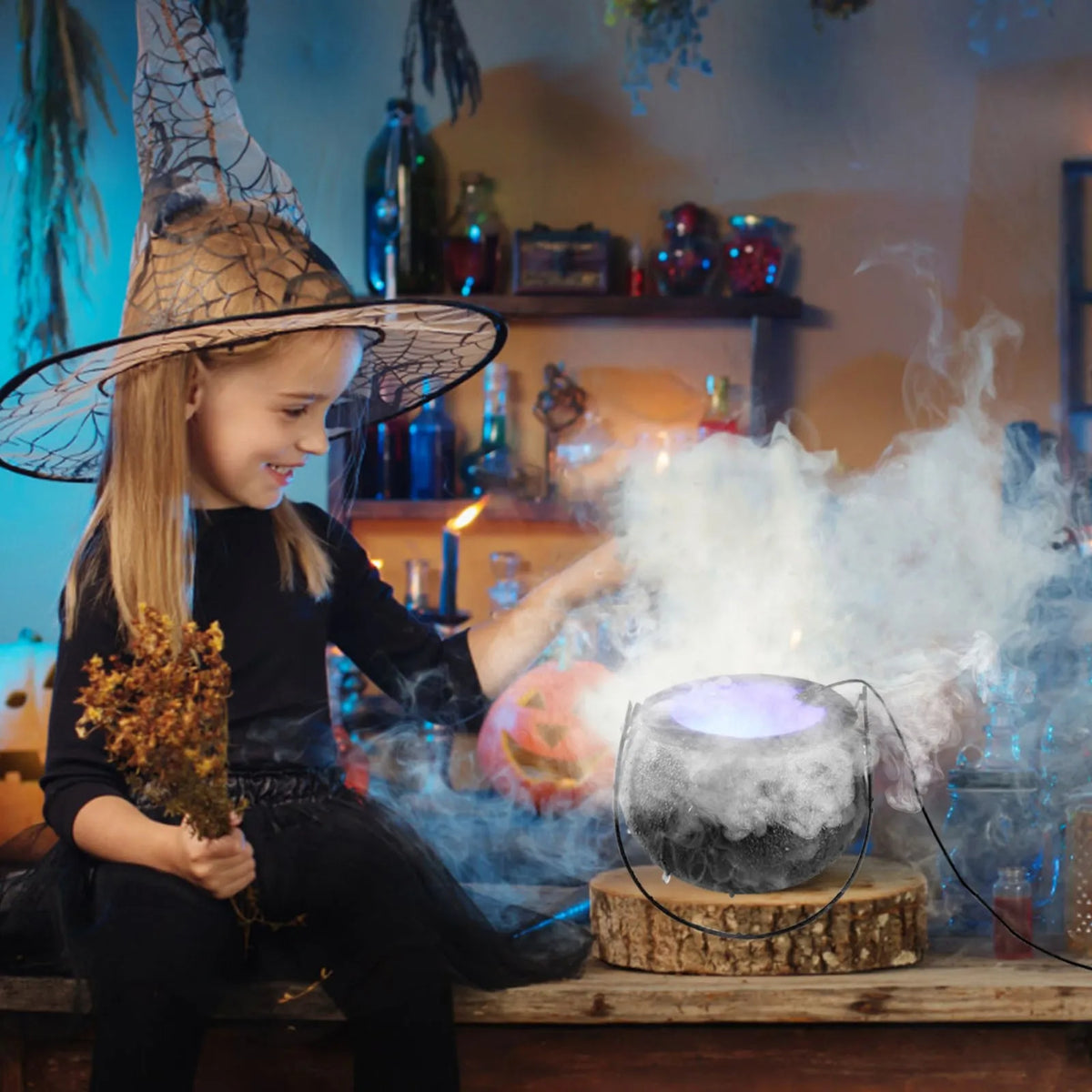 Halloween Mist Witch Pot,Witch Cauldron Fog Maker Water Fountain Fog Machine Colorful Changing Light Halloween Party Decoration - Grab & Glow
