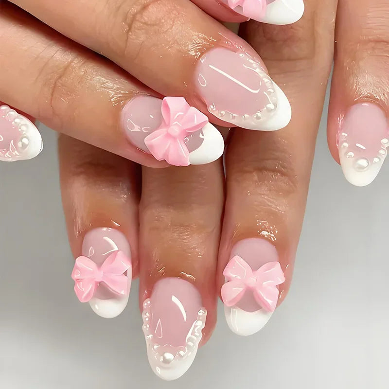 Charming Blush Press On Nails – 24PC Almond Shaped with Sweet Hearts and Bows - Grab & Glow