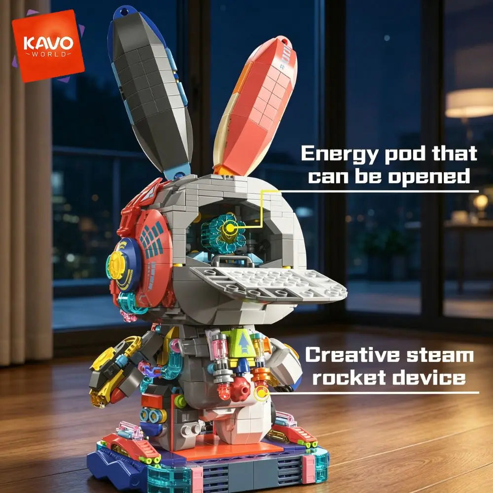 KAVOWORLD 1377PCS Robot Rabbit Building Blocks Set LED Light Up Multi-Point Rotatable Detachable Base DIY Cyberpunk Mecha Building Rabbit Bricks Kit Mechanical Bunny Construction Toy for Home Office Desk Decor Christmas Birth - Grab & Glow