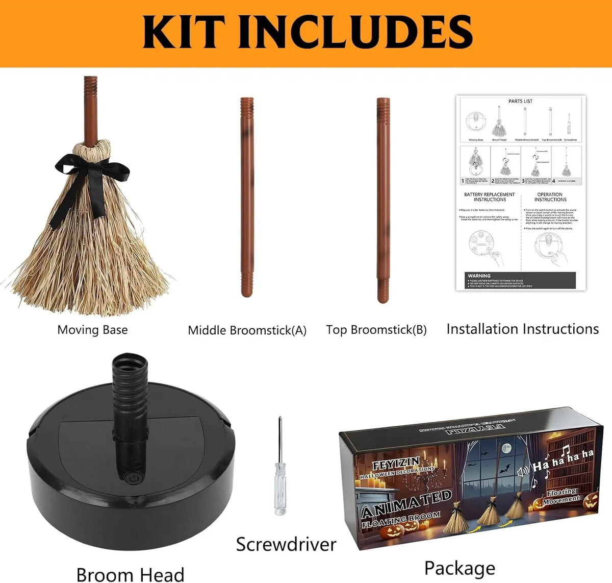 Halloween Floating Witch Broom with Witch Hat Haunted Dancing Moving Prop with Ghost Sounds Terror Atmosphere Home Party Decor - Grab & Glow