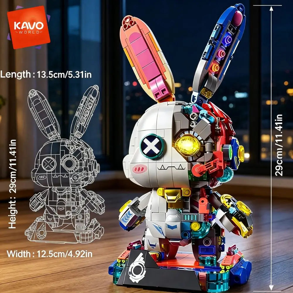 KAVOWORLD 1377PCS Robot Rabbit Building Blocks Set LED Light Up Multi-Point Rotatable Detachable Base DIY Cyberpunk Mecha Building Rabbit Bricks Kit Mechanical Bunny Construction Toy for Home Office Desk Decor Christmas Birth - Grab & Glow