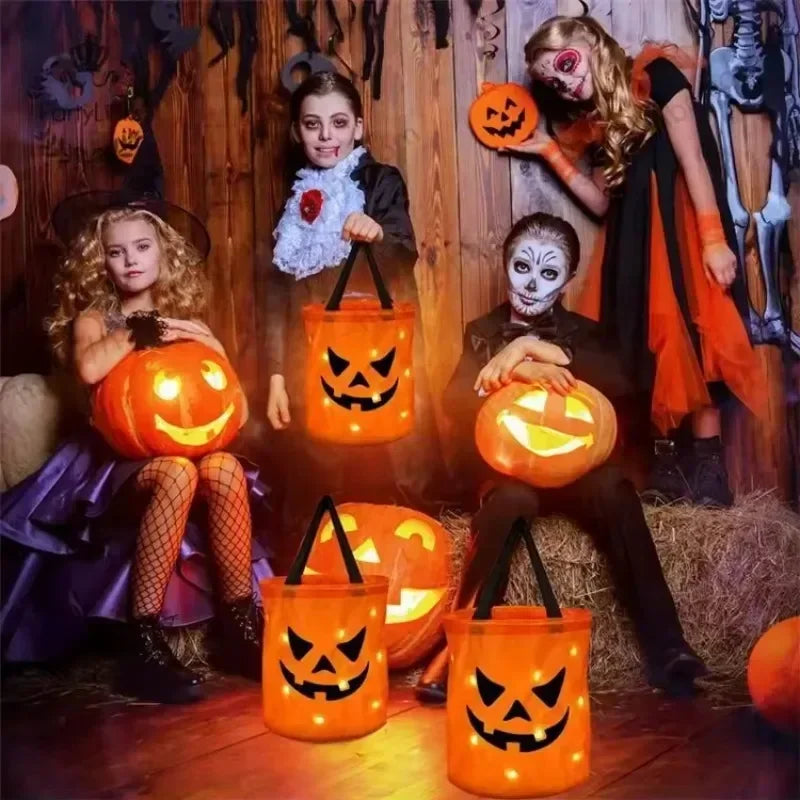 LED Glowing Pumpkin Candy Bag Reusable Halloween Christmas Treat Bag Battery Powered Light for Holiday Candy Exchange Christmas Gift by Grab & Glow