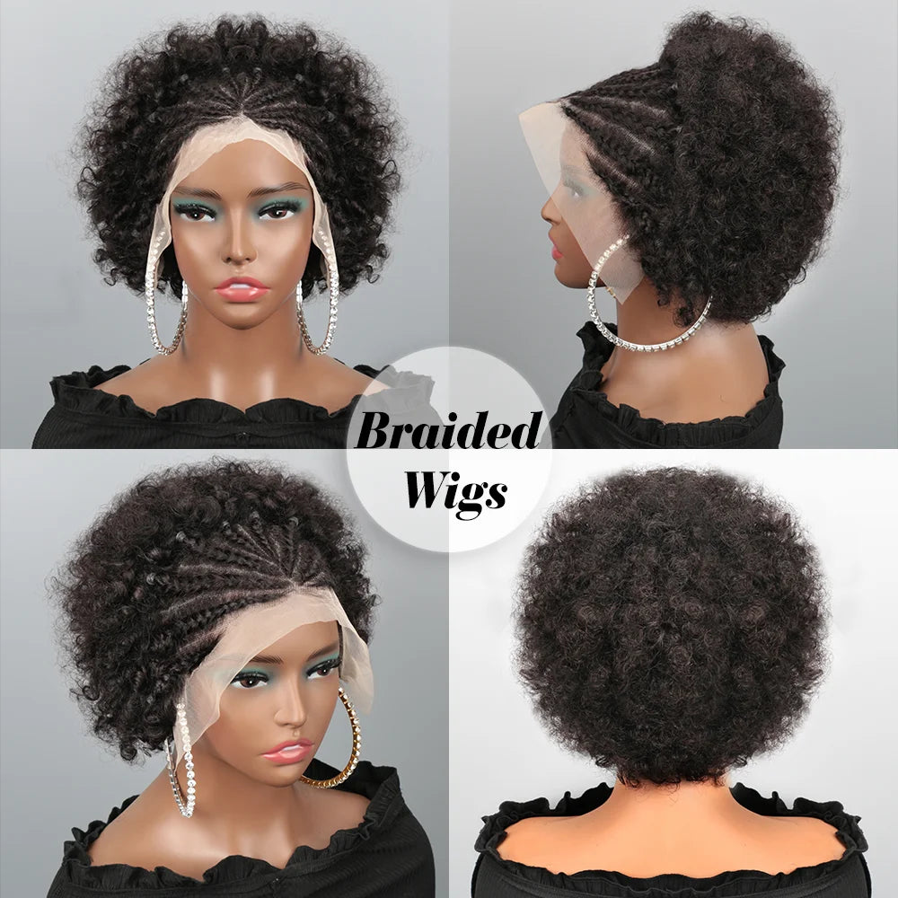 Afro Puff 13x4 Lace Frontal Human Hair With Pre Made Cornrow Braided Kinky Curly Wig With Baby HairHair Wig for Woman - Grab & Glow