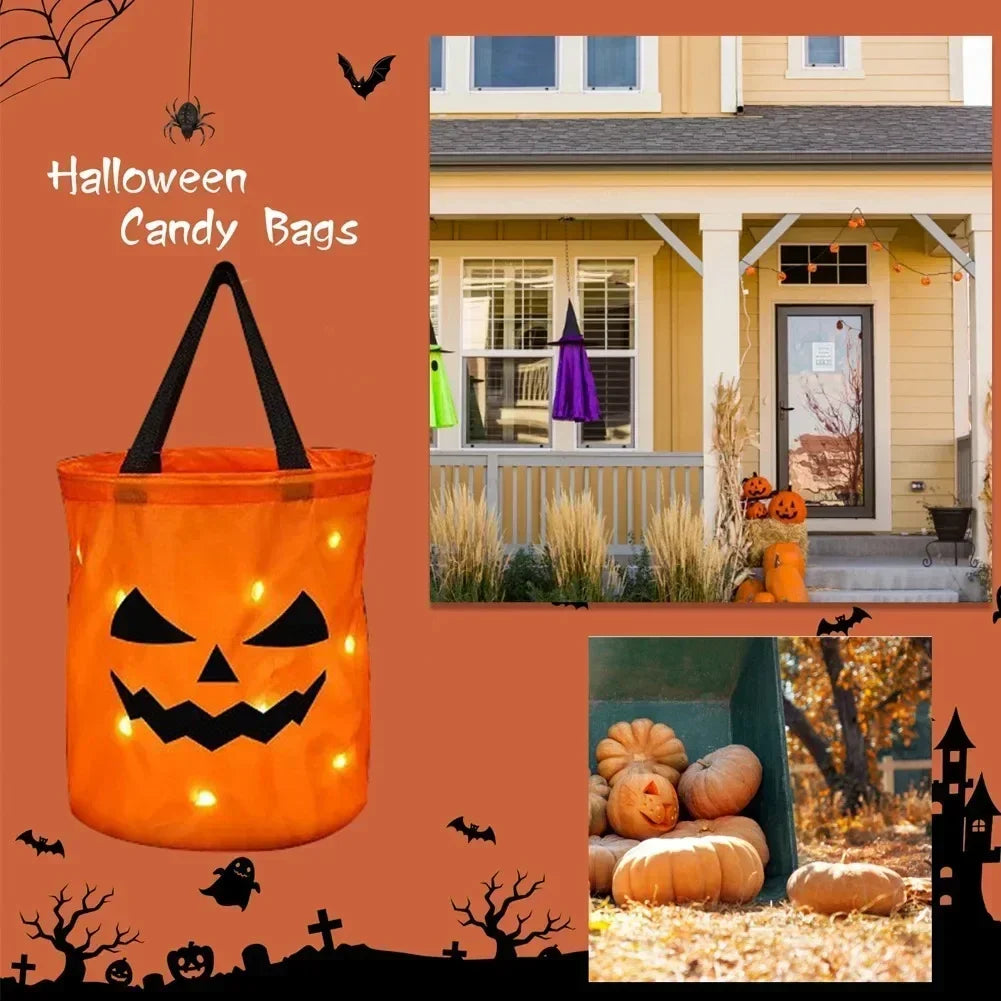 LED Glowing Pumpkin Candy Bag Reusable Halloween Christmas Treat Bag Battery Powered Light for Holiday Candy Exchange Christmas Gift by Grab & Glow