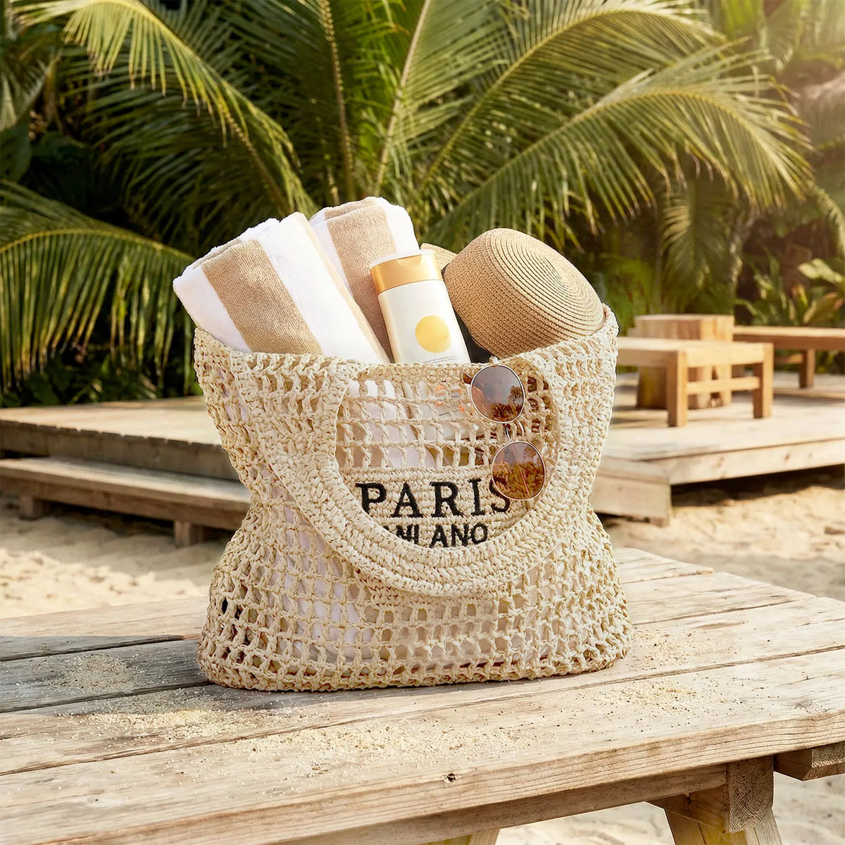 Straw Beach Bags for Women - Women Beach Handmade Woven Tote Bag, Summer Mesh Hollow Shoulder Bag for Holiday by Grab & Glow