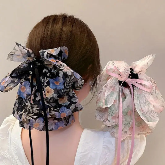 New Fashion Mesh Ribbon Hair Claw Bow Hair Clips for Women Girls Back Head Hairpin Horsetail clip Hair Accessories by Grab & Glow