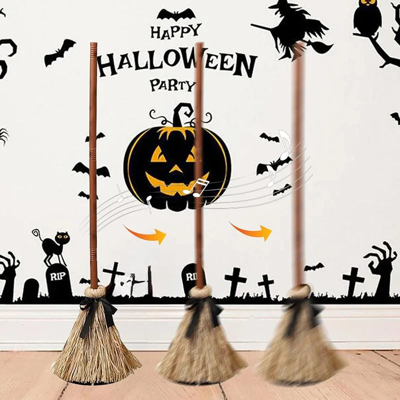 Halloween Floating Witch Broom with Witch Hat Haunted Dancing Moving Prop with Ghost Sounds Terror Atmosphere Home Party Decor - Grab & Glow
