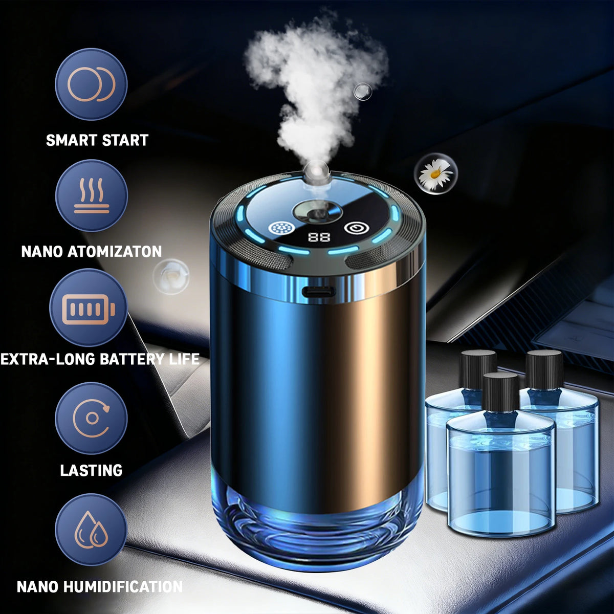 Car Diffuser Humidifier 5 Modes Car Humidifier Aromatherapy Diffusers Car Air Freshener USB Aromatherapy Essential Oil Air Freshener USB Cool Mist Mini Portable Diffuser For Car Home Office Bedroom with 3 Bottle Ocean Scent by Grab & Glow
