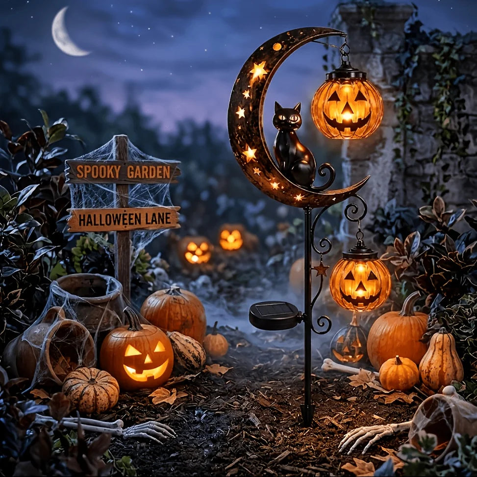 For Halloween Solar Garden Stake Lights, Crescent Moon Black Cat Double Pumpkin Lantern LED Path Light, Auto On/Off Warm Spooky Glow Jack O Lantern Yard Lawn Patio Decor, Rustic Iron Weather Resistant Outdoor Ornament for Hal by Grab & Glow