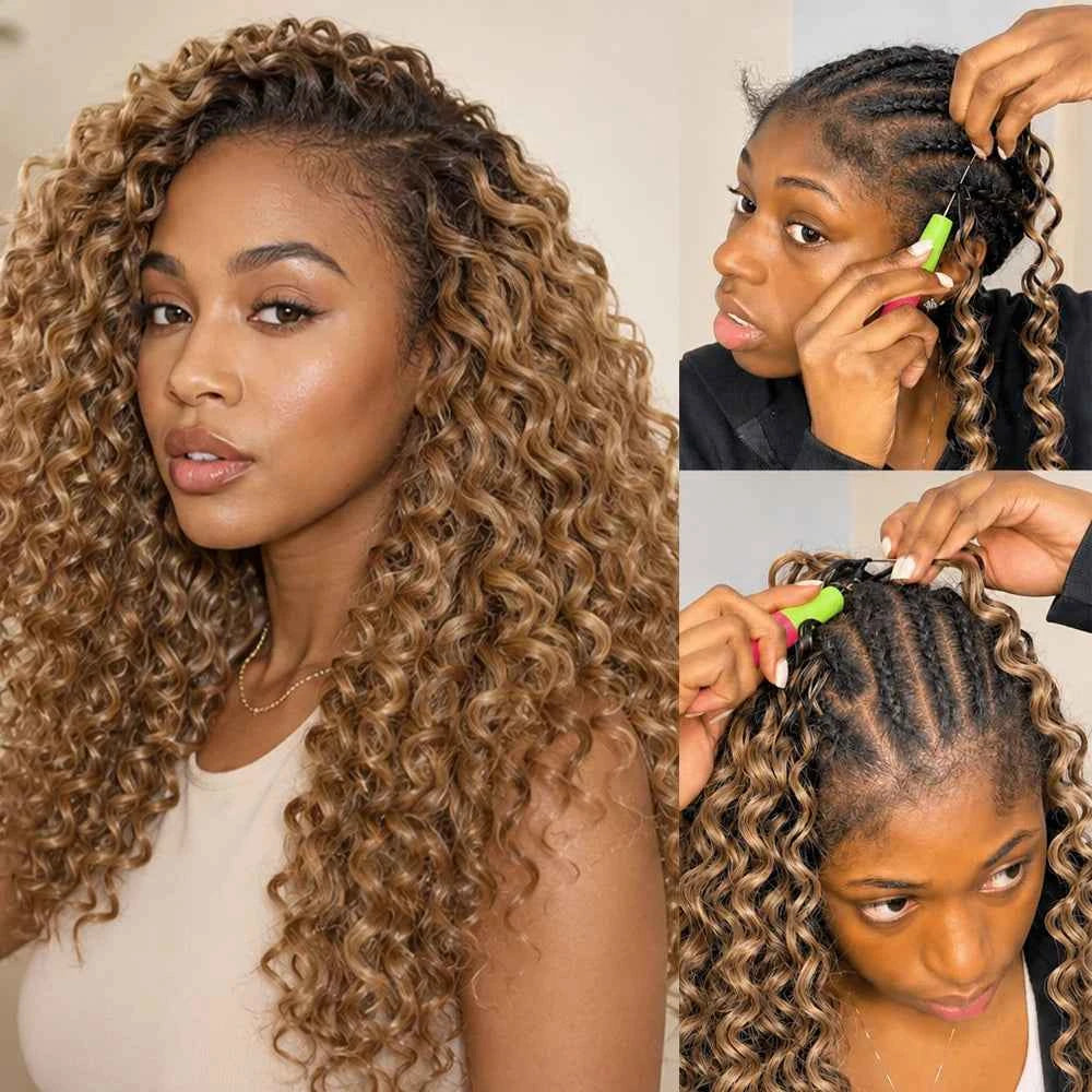 Miracle Knots Honey Blonde Deep Wave Feather Crochet Human Hair Extension Pre-Separated Knotless Invisble Crochet Braids Hair - Grab & Glow