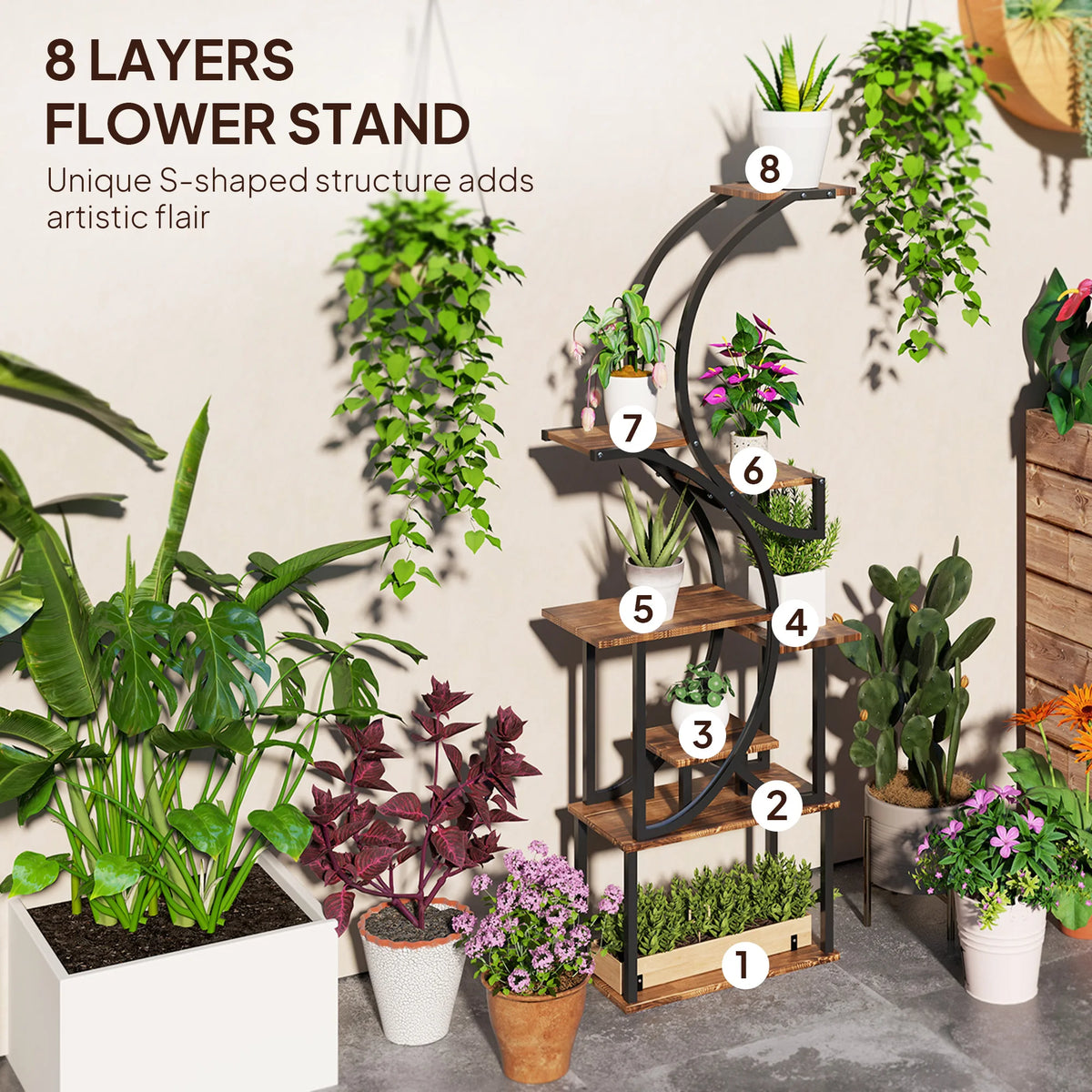 8-Tier Plant Stand, 62inch S-Shaped Plant Stands, Carbonized Treatment - Grab & Glow