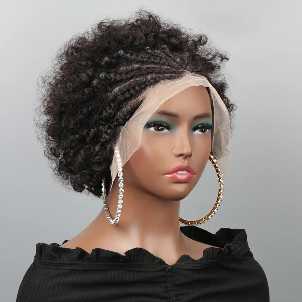 Afro Puff 13x4 Lace Frontal Human Hair With Pre Made Cornrow Braided Kinky Curly Wig With Baby HairHair Wig for Woman - Grab & Glow