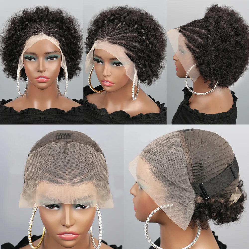Afro Puff 13x4 Lace Frontal Human Hair With Pre Made Cornrow Braided Kinky Curly Wig With Baby HairHair Wig for Woman - Grab & Glow
