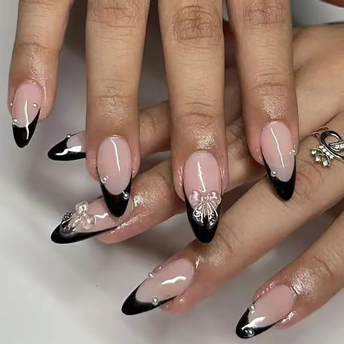 Charming Blush Press On Nails – 24PC Almond Shaped with Sweet Hearts and Bows - Grab & Glow