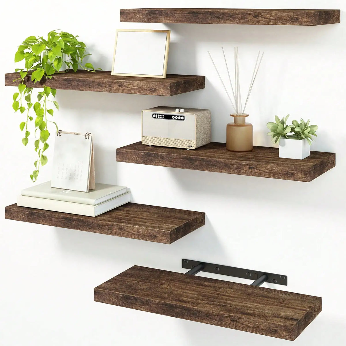4 Pack Floating Shelves Modern Black Wood Wall Shelves Storage Shelving Unit With Invisible Metal Brackets Display Rack For Bathroom Living Room Bedroom Kitchen Housewarming Gift by Grab & Glow