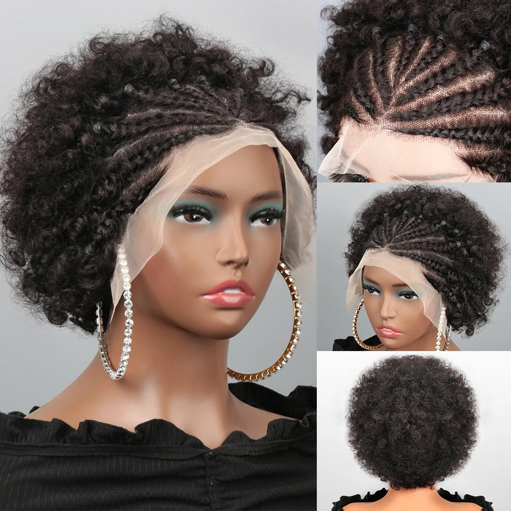 Afro Puff 13x4 Lace Frontal Human Hair With Pre Made Cornrow Braided Kinky Curly Wig With Baby HairHair Wig for Woman - Grab & Glow