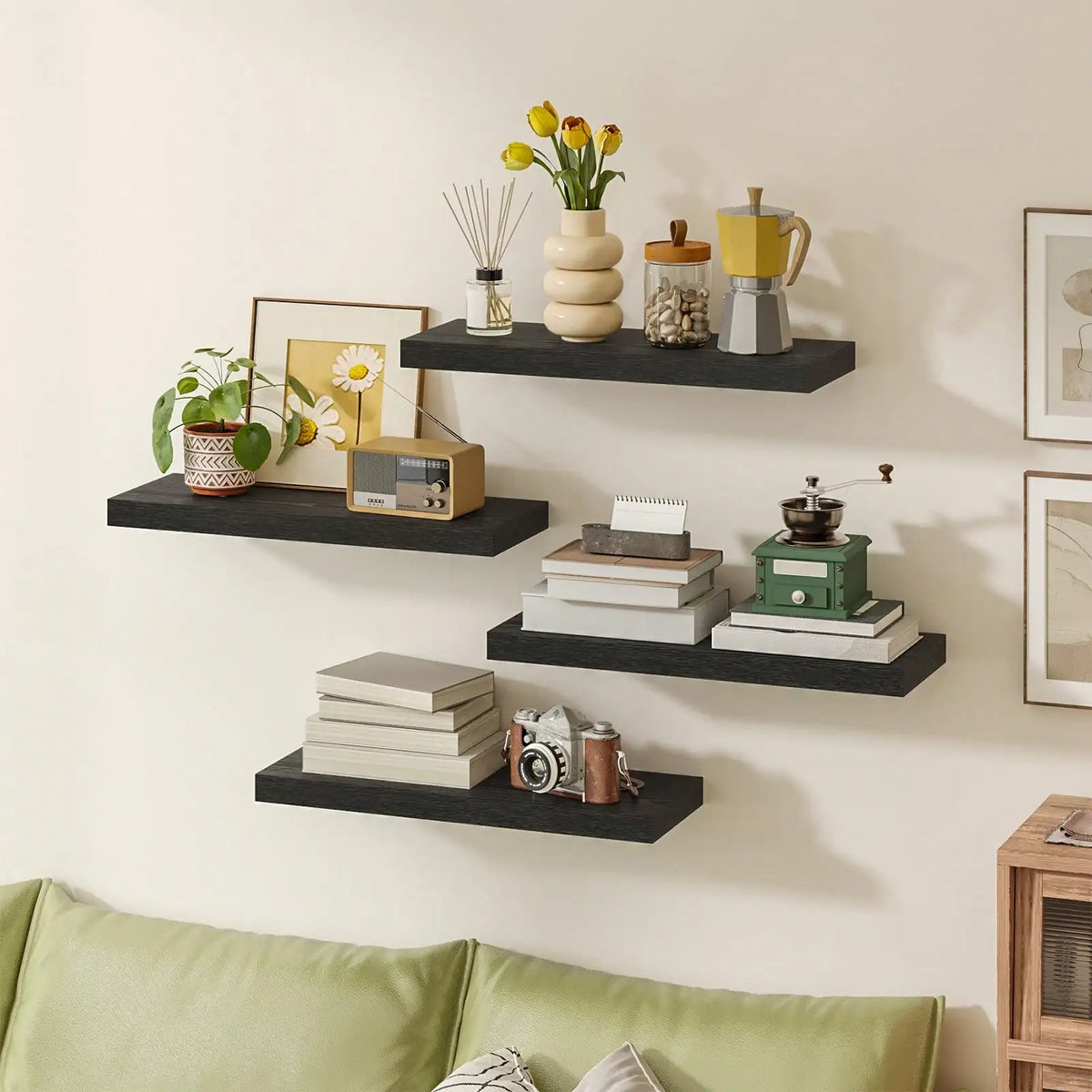 4 Pack Floating Shelves Modern Black Wood Wall Shelves Storage Shelving Unit With Invisible Metal Brackets Display Rack For Bathroom Living Room Bedroom Kitchen Housewarming Gift by Grab & Glow