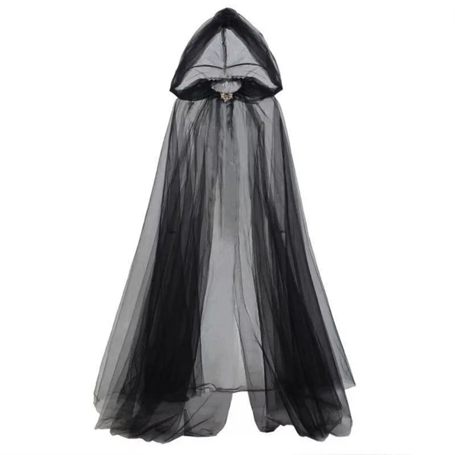 Halloween cosplay - ghost costume with hooded cloak, death god witch net-like long dress, full-length performance outfit - Grab & Glow