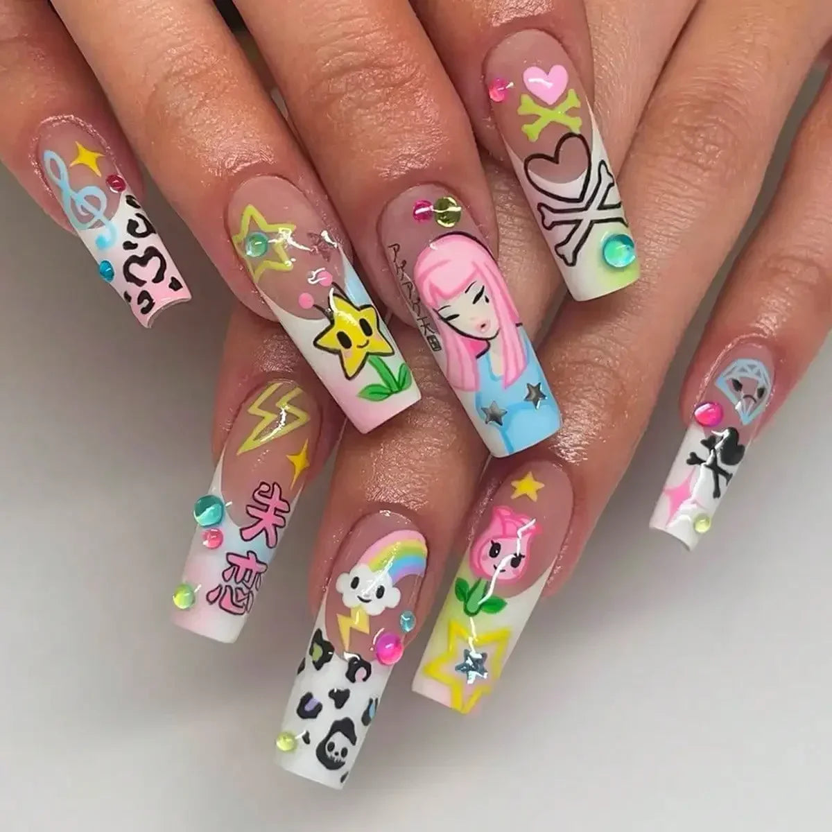 24Pcs Y2K Japanese Cartoon Girl Rainbow Long Press On Nails, Cute Reusable Wearable Nails For Daily by Grab & Glow