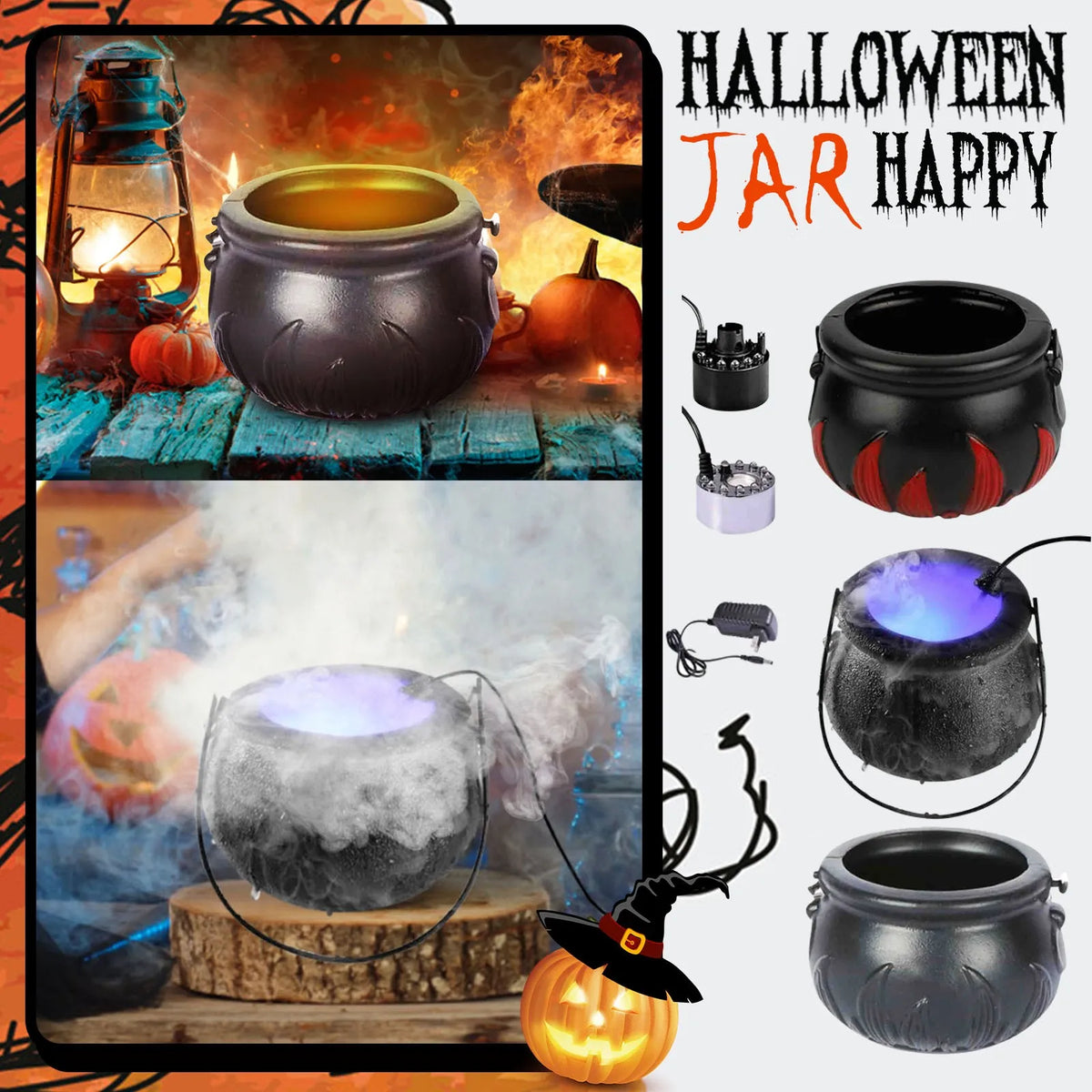 Halloween Mist Witch Pot,Witch Cauldron Fog Maker Water Fountain Fog Machine Colorful Changing Light Halloween Party Decoration - Grab & Glow