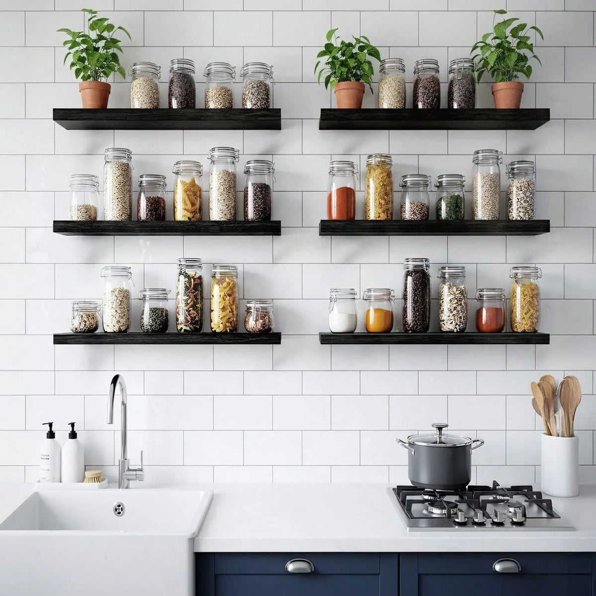 4 Pack Floating Shelves Modern Black Wood Wall Shelves Storage Shelving Unit With Invisible Metal Brackets Display Rack For Bathroom Living Room Bedroom Kitchen Housewarming Gift by Grab & Glow