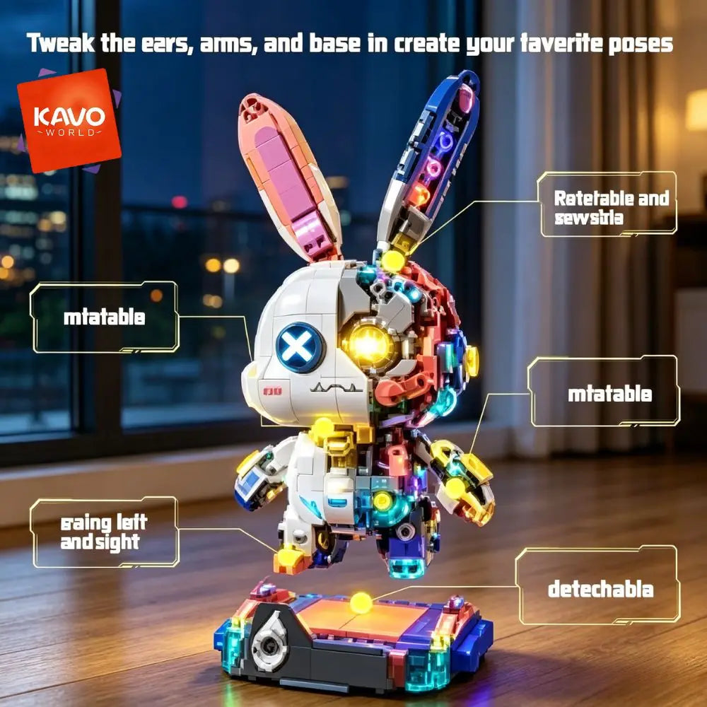 KAVOWORLD 1377PCS Robot Rabbit Building Blocks Set LED Light Up Multi-Point Rotatable Detachable Base DIY Cyberpunk Mecha Building Rabbit Bricks Kit Mechanical Bunny Construction Toy for Home Office Desk Decor Christmas Birth - Grab & Glow