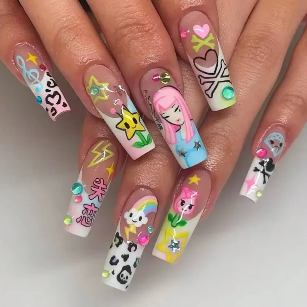 24Pcs Y2K Japanese Cartoon Girl Rainbow Long Press On Nails, Cute Reusable Wearable Nails For Daily by Grab & Glow