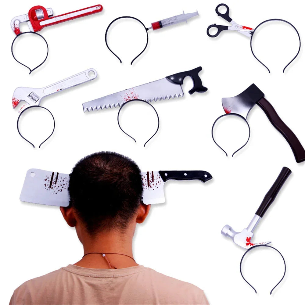 Halloween Horror Props Blood Fake Ax Saws Knife Headband for Halloween Party Masquerade Mischief Props Decoration Supplies - Grab & Glow