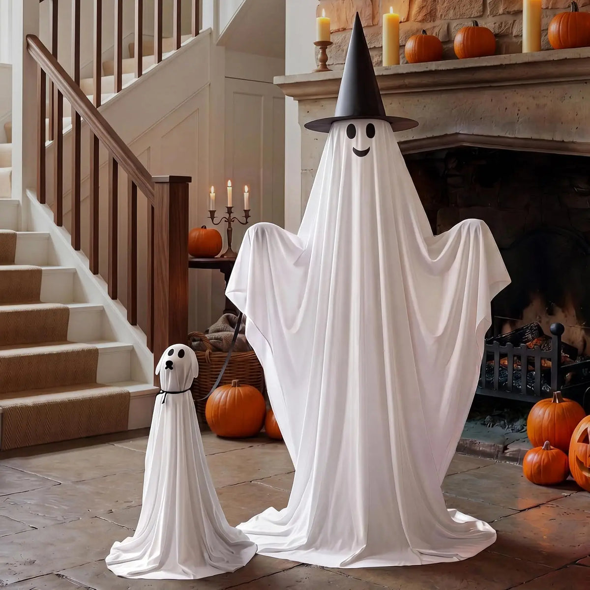 2Pcs Outdoor Halloween Decorations 55" Standing Ghost and 23" Dog Ghost Cute Set with Warm White LED Lights 8 Lightng Modes & Timer for Yard Lawn Party Favors and Halloween Decor Outside Indoor by Grab & Glow