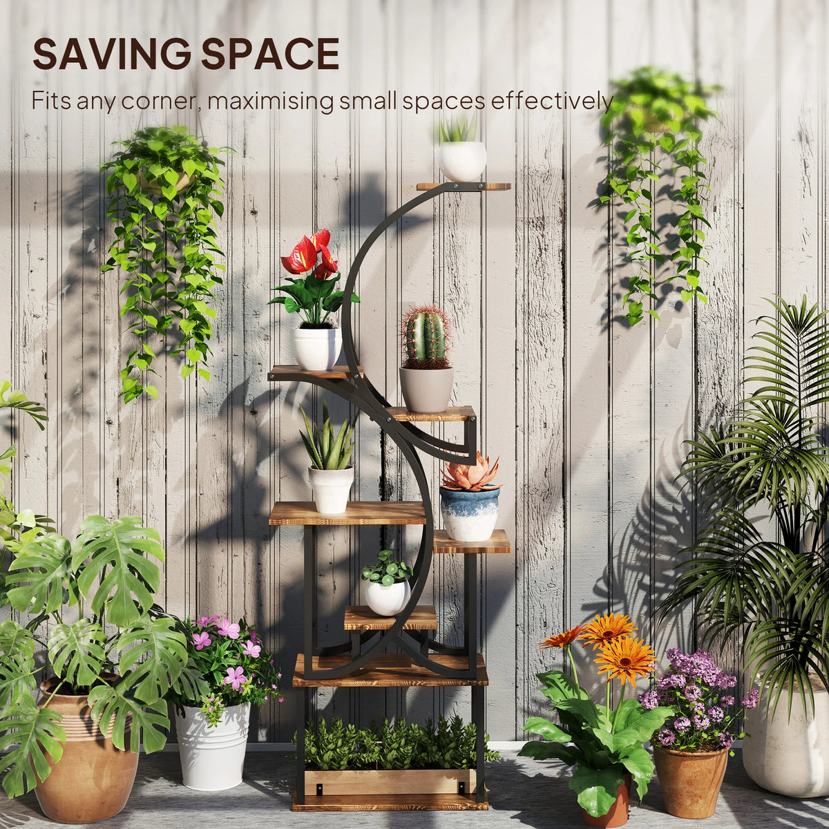8-Tier Plant Stand, 62inch S-Shaped Plant Stands, Carbonized Treatment - Grab & Glow