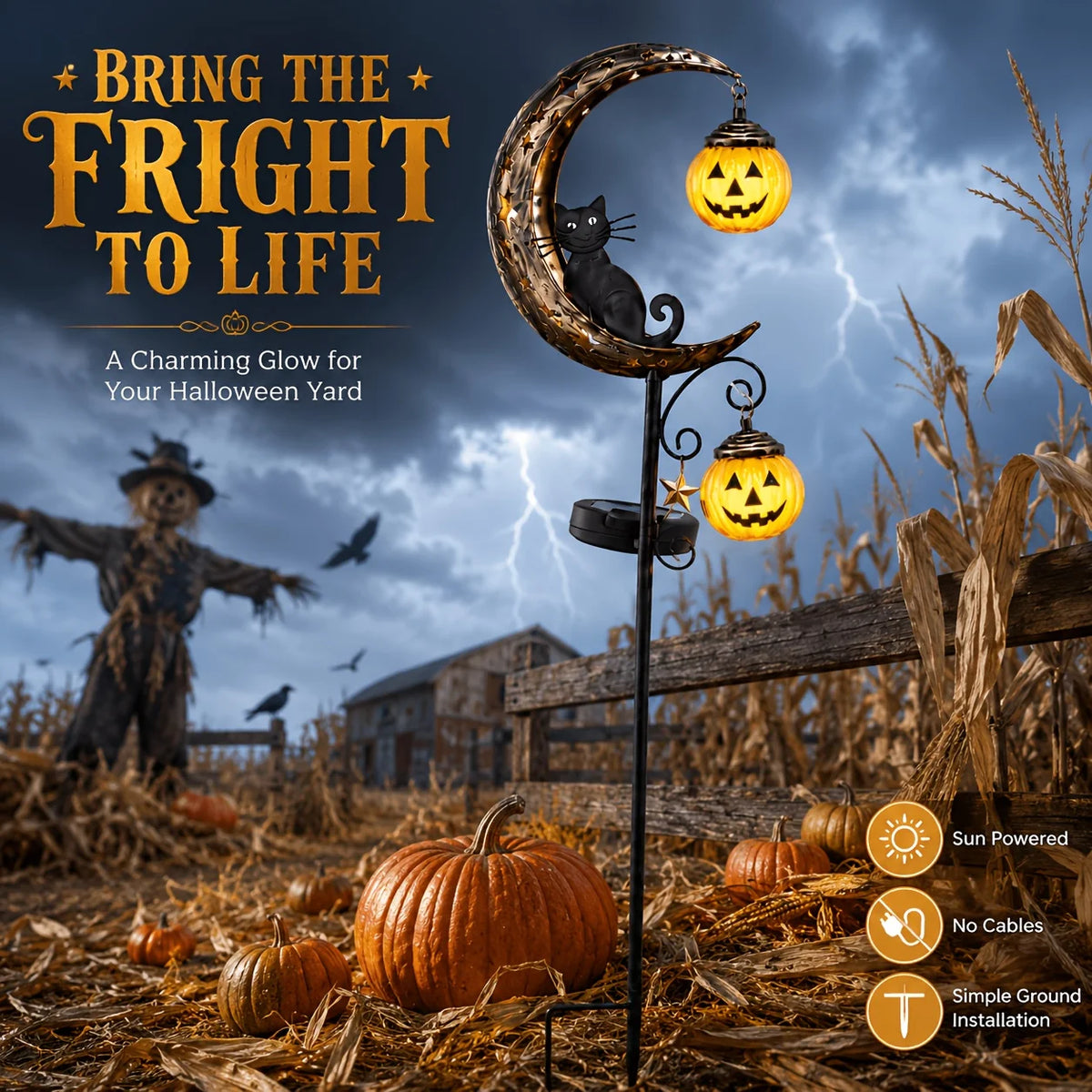 For Halloween Solar Garden Stake Lights, Crescent Moon Black Cat Double Pumpkin Lantern LED Path Light, Auto On/Off Warm Spooky Glow Jack O Lantern Yard Lawn Patio Decor, Rustic Iron Weather Resistant Outdoor Ornament for Hal by Grab & Glow