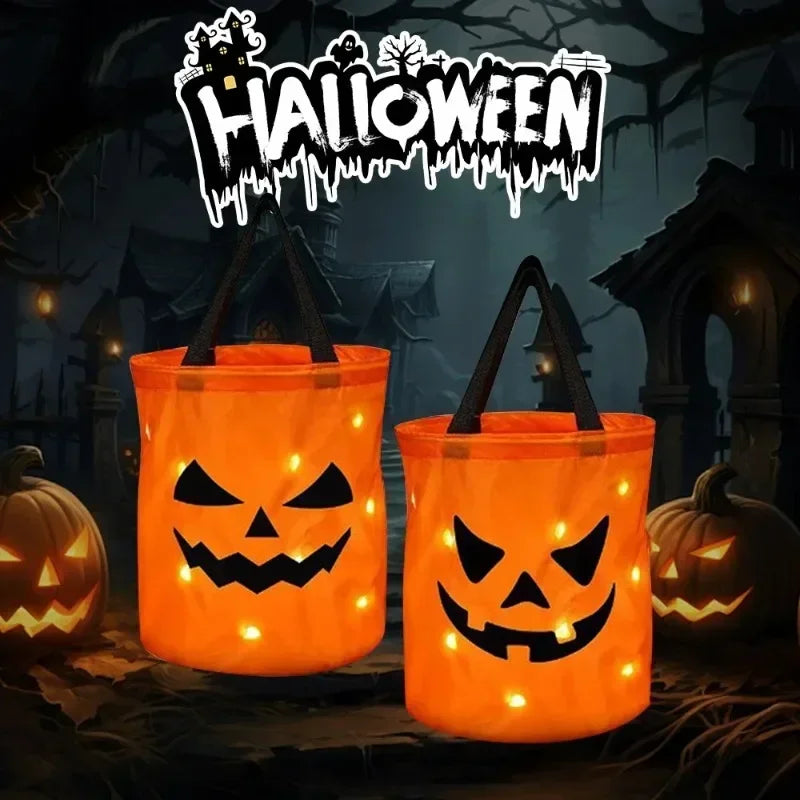 LED Glowing Pumpkin Candy Bag Reusable Halloween Christmas Treat Bag Battery Powered Light for Holiday Candy Exchange Christmas Gift by Grab & Glow