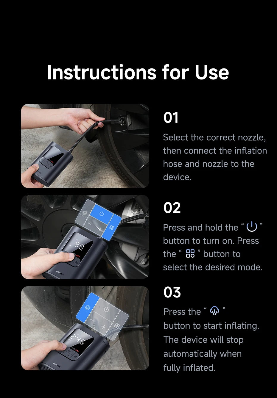 Baseus GoTrip VA1 Max Car Air Pump 150PSI Portable Air Compressor 7500mAh Electric Car Tire Inflator for Motorcycle Bicycle Ball Air Pump by Grab & Glow