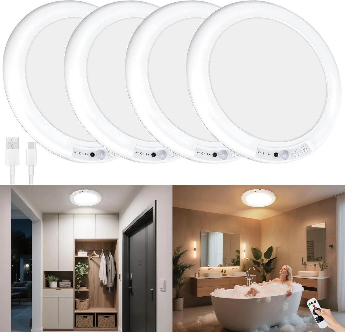 2/4Pcs Rechargeable Ceiling Lights, Motion Sensor Lights No Wiring, Wireless Closet Lights Battery Operated, for Bathroom Laundry Room Kitchen Porch Stair Hallway Shower Pantry Garage by Grab & Glow