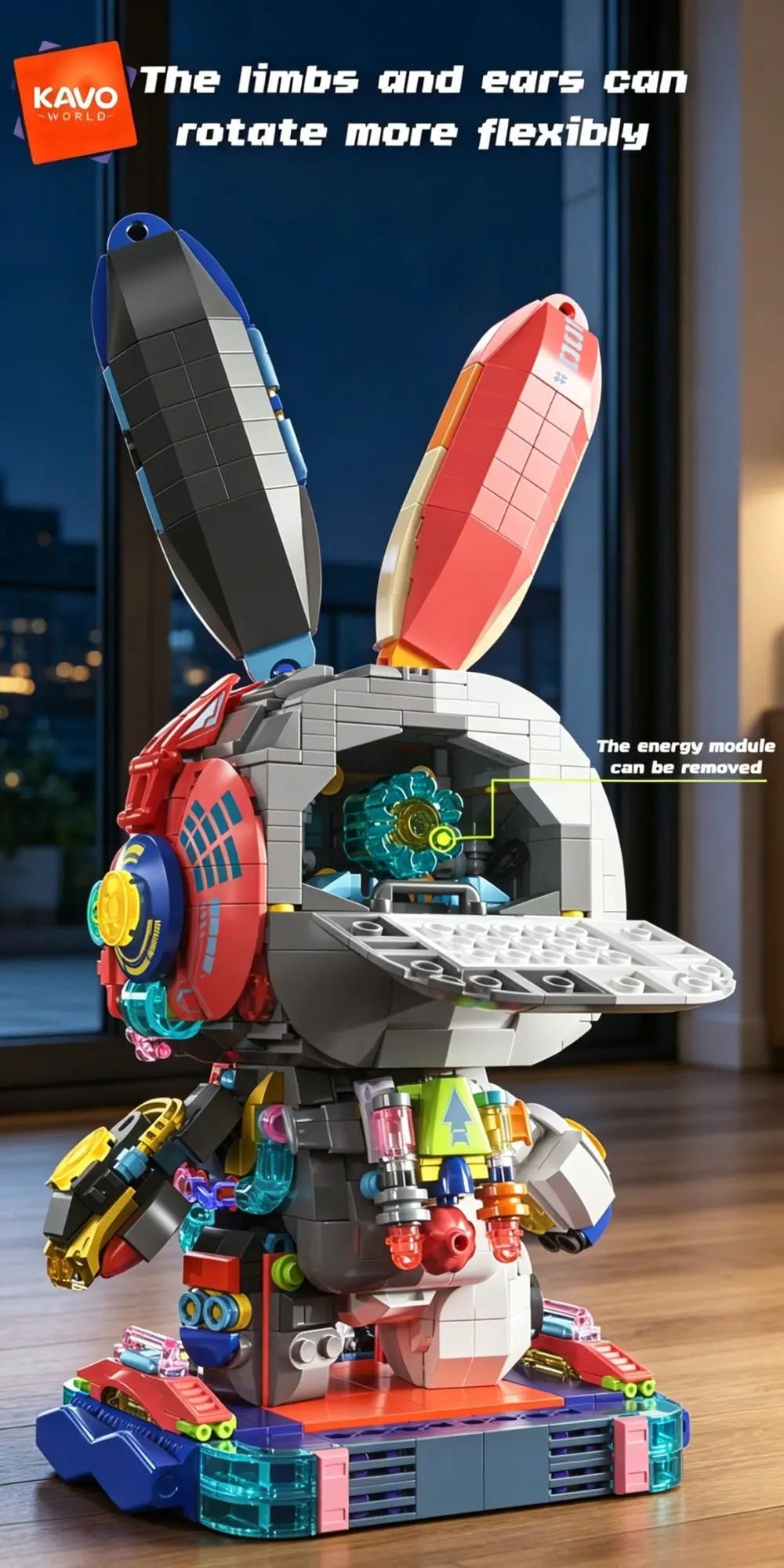 KAVOWORLD 1377PCS Robot Rabbit Building Blocks Set LED Light Up Multi-Point Rotatable Detachable Base DIY Cyberpunk Mecha Building Rabbit Bricks Kit Mechanical Bunny Construction Toy for Home Office Desk Decor Christmas Birth - Grab & Glow