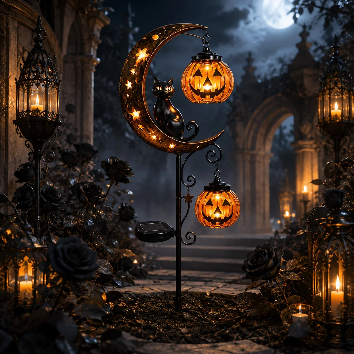 For Halloween Solar Garden Stake Lights, Crescent Moon Black Cat Double Pumpkin Lantern LED Path Light, Auto On/Off Warm Spooky Glow Jack O Lantern Yard Lawn Patio Decor, Rustic Iron Weather Resistant Outdoor Ornament for Hal by Grab & Glow