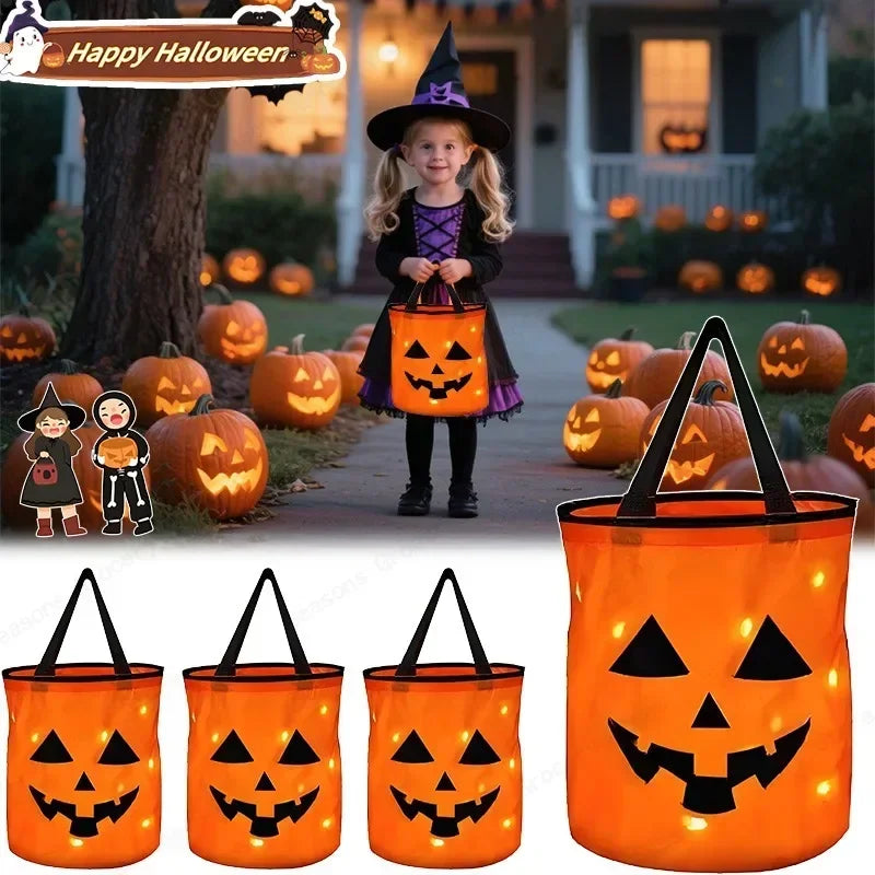LED Glowing Pumpkin Candy Bag Reusable Halloween Christmas Treat Bag Battery Powered Light for Holiday Candy Exchange Christmas Gift by Grab & Glow