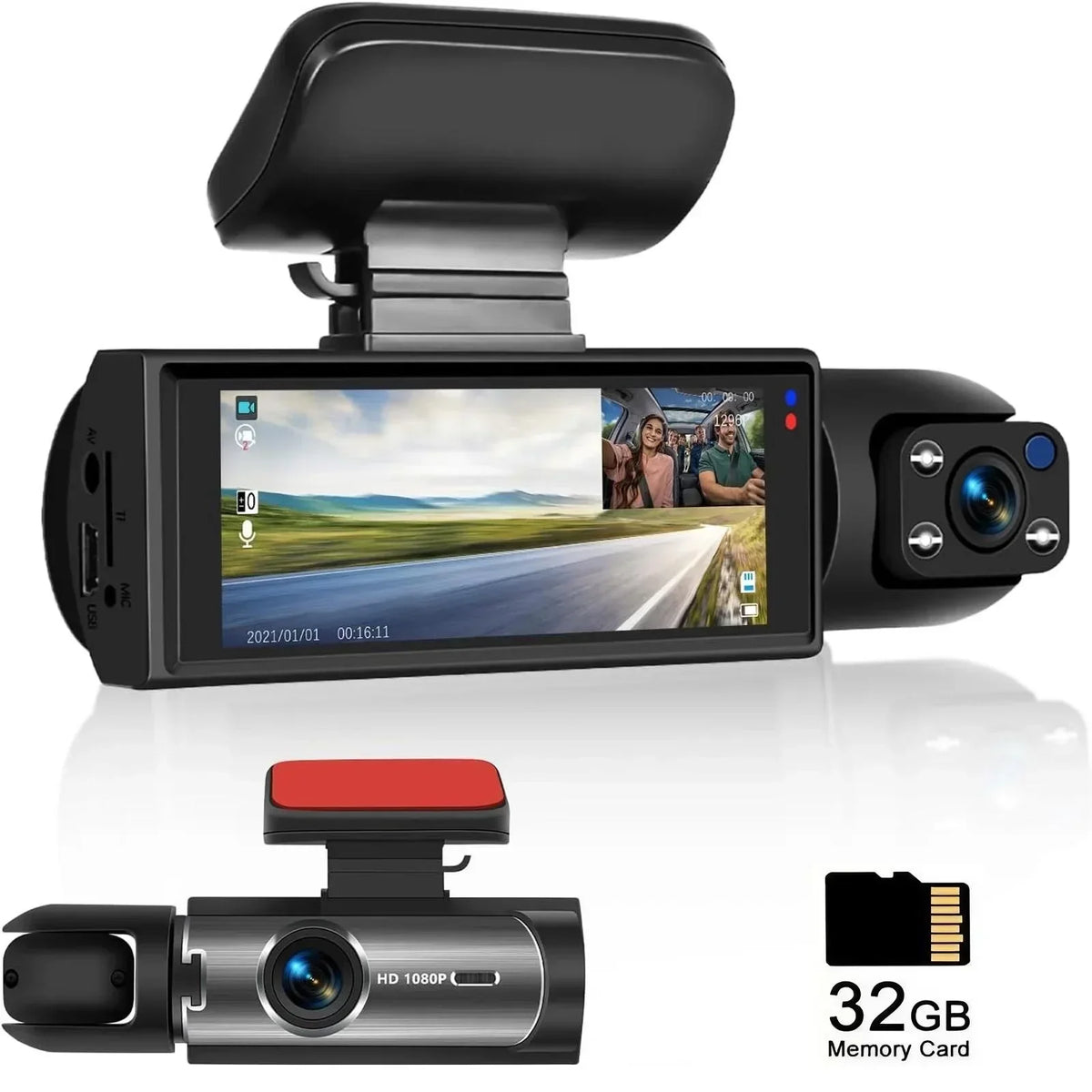 1080P HD Dual Lens Front and Rear Car Dash Cam Driving Recorder IR Night Vision G Sensor Parking Mode Motion Detection Three Point One Six Inch IPS Screen Wide Angle Loop Recording Supports One Hundred Twenty Eight GB Max H26 - Grab & Glow